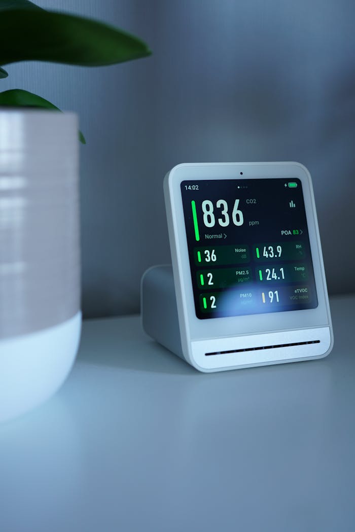 Home A sleek air quality monitor showing CO2 levels and other metrics on a desk indoors.